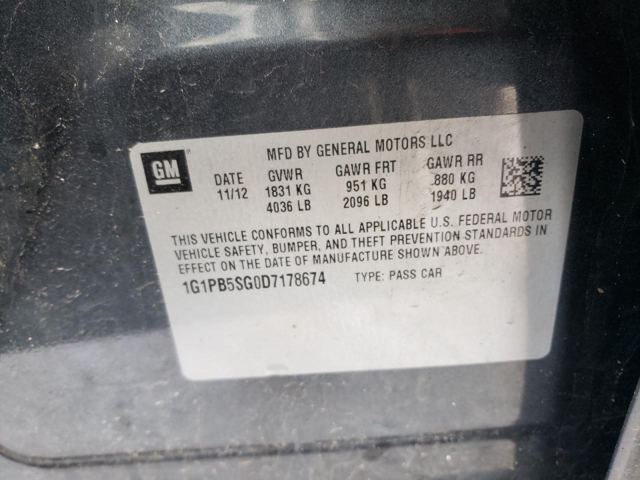 2013 Chevrolet Cruze VIN 1G1PB5SG0D7178674 Copart auction photo, all over damage thumbnail 13