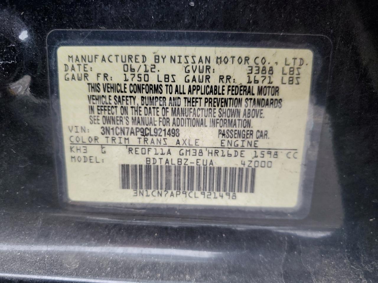 2012 Nissan Versa VIN 3N1CN7AP9CL921498 Copart auction photo, front end damage thumbnail 13