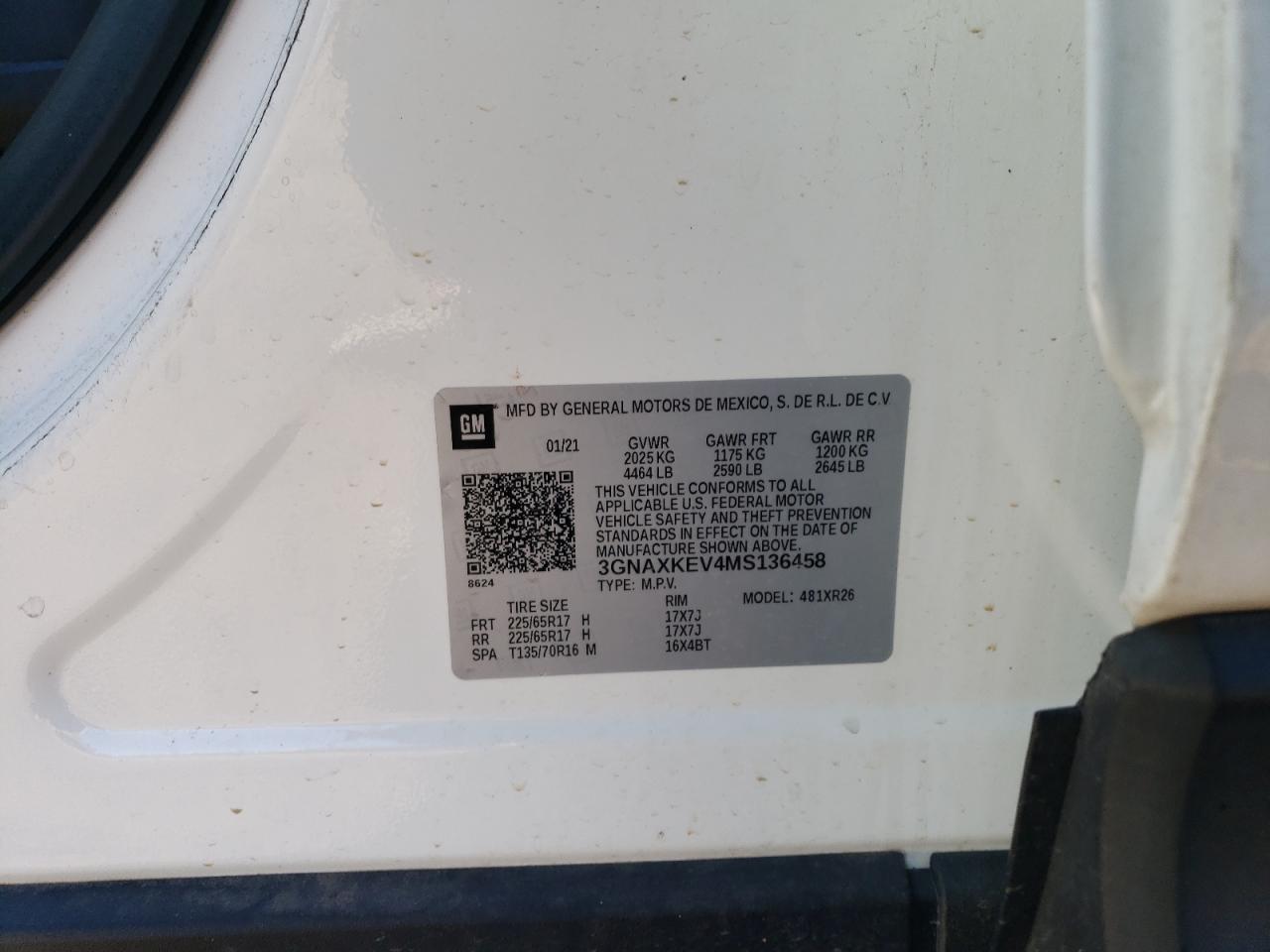 2021 Chevrolet Equinox VIN 3GNAXKEV4MS136458 Copart auction photo, water/flood / mechanical damage thumbnail 13
