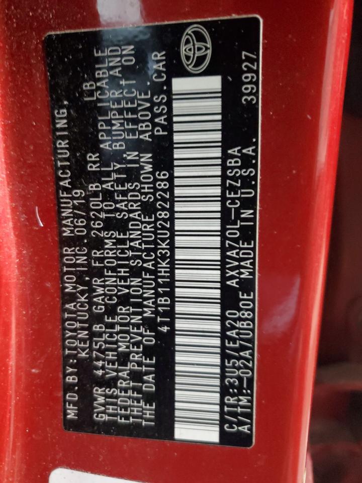 2019 Toyota Camry VIN 4T1B11HK3KU282286 Copart auction photo, front end / rear end damage thumbnail 12