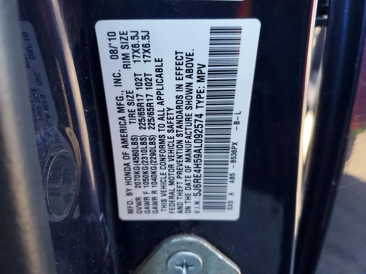 2010 Honda CR-V VIN 5J6RE4H59AL092574 Copart auction photo, rear end damage thumbnail 16