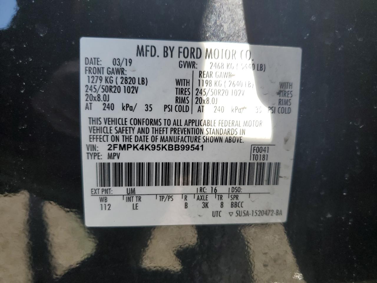 2019 Ford Edge VIN 2FMPK4K95KBB99541 Copart auction photo, rear end damage thumbnail 14