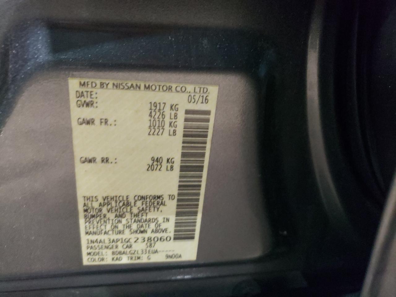 2016 Nissan Altima VIN 1N4AL3AP1GC238060 Copart auction photo, front end / minor dent/scratches damage thumbnail 13