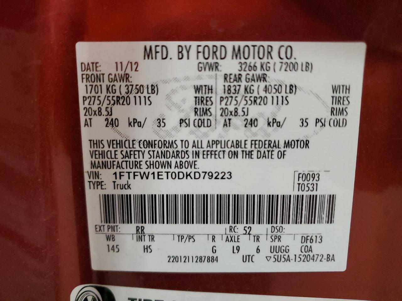 2013 Ford F-150 VIN 1FTFW1ET0DKD79223 Copart auction photo, mechanical / minor dent/scratches damage thumbnail 12