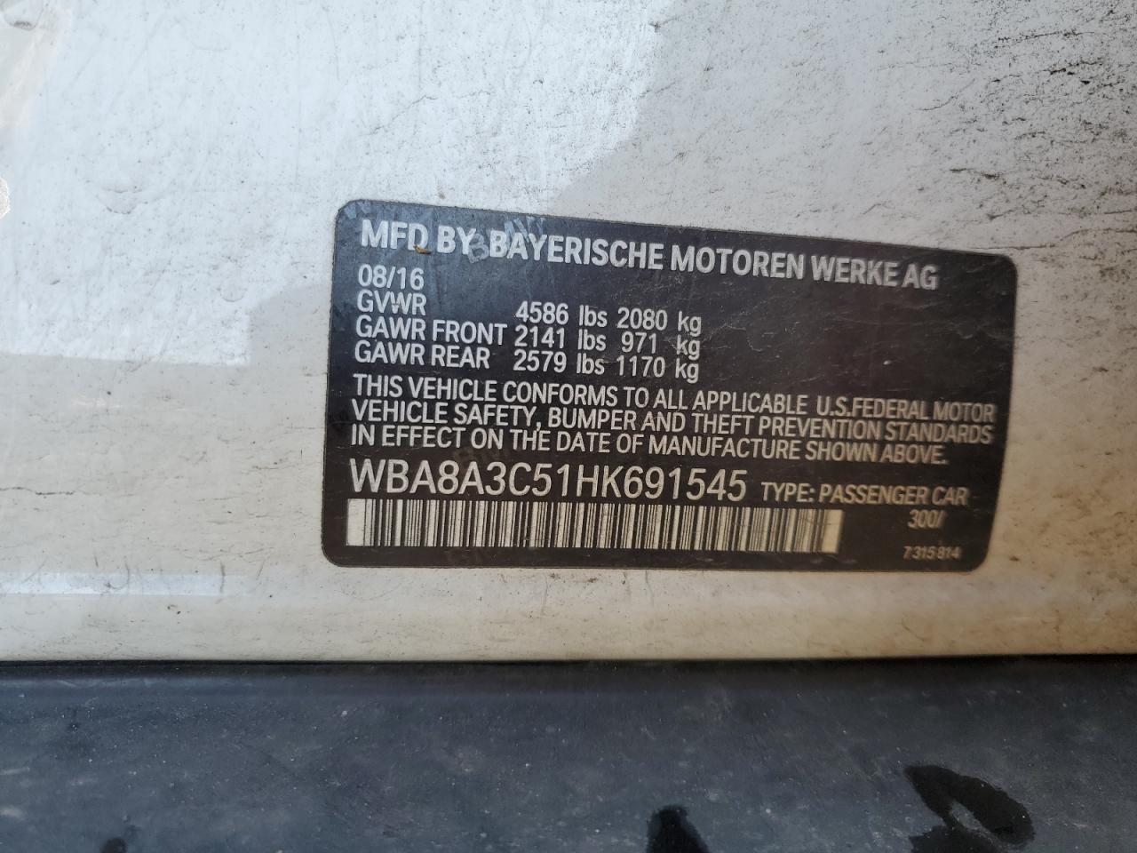 2017 BMW 3er VIN WBA8A3C51HK691545 Copart auction photo, rear end damage thumbnail 12