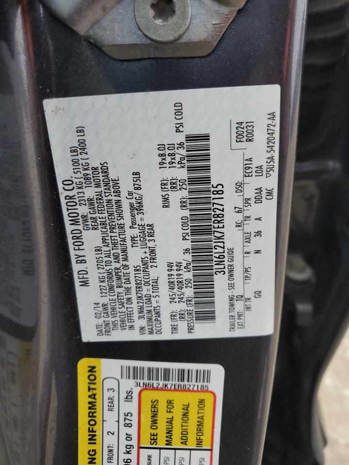 2014 Lincoln MKZ VIN 3LN6L2JK7ER827185 Copart auction photo, side / minor dent/scratches damage thumbnail 14