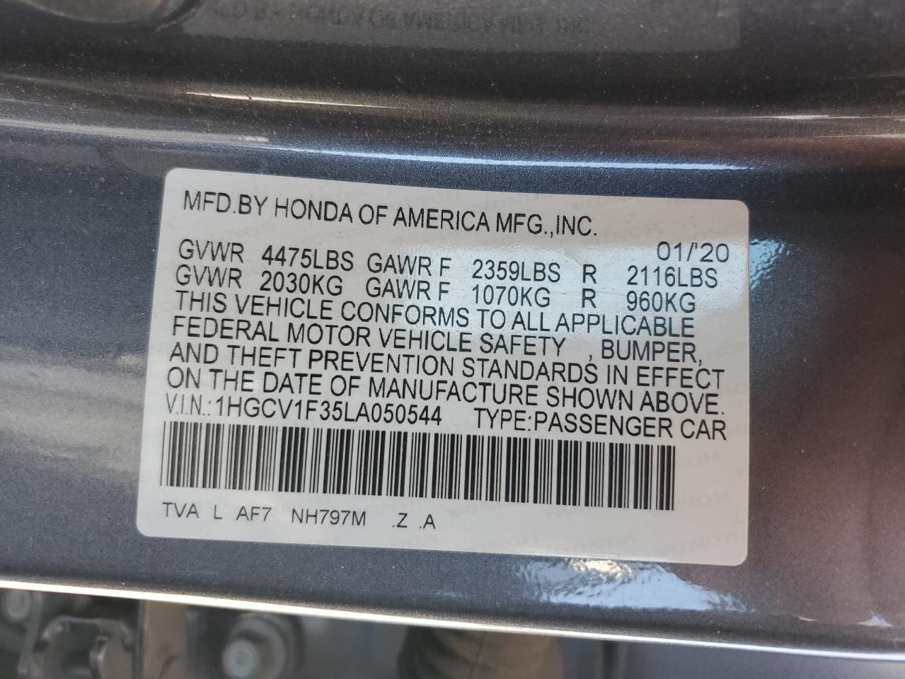 2020 Honda Accord VIN 1HGCV1F35LA050544 Copart auction photo, front end / minor dent/scratches damage thumbnail 13