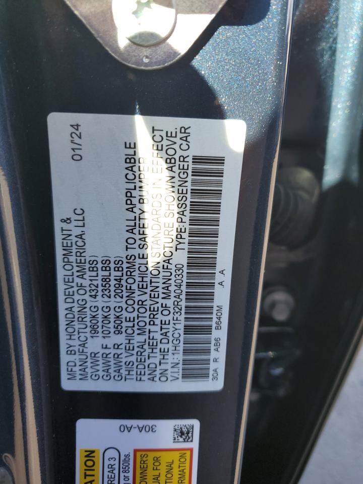 2024 Honda Accord VIN 1HGCY1F32RA040330 Copart auction photo, front end damage thumbnail 14