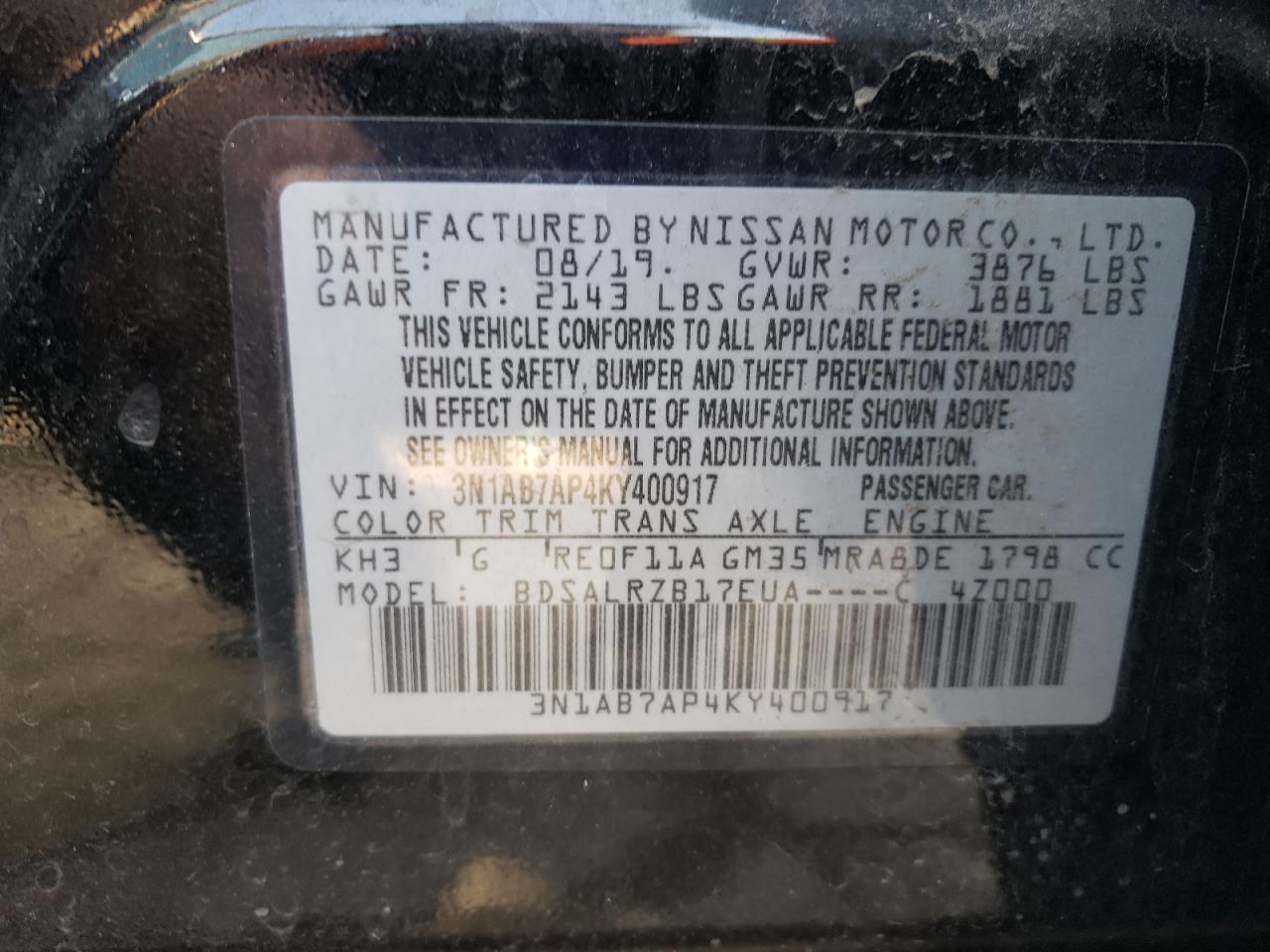 2019 Nissan Sentra VIN 3N1AB7AP4KY400917 Copart auction photo, rear end / front end damage thumbnail 12