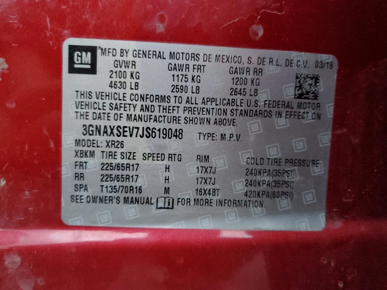 2018 Chevrolet Equinox VIN 3GNAXSEV7JS619048 Copart auction photo, rear end / minor dent/scratches damage thumbnail 13