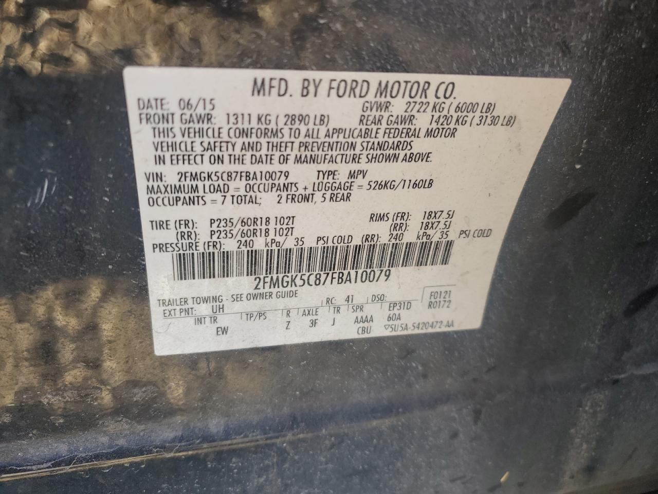 2015 Ford Flex VIN 2FMGK5C87FBA10079 Copart auction photo, front end / rear end damage thumbnail 15