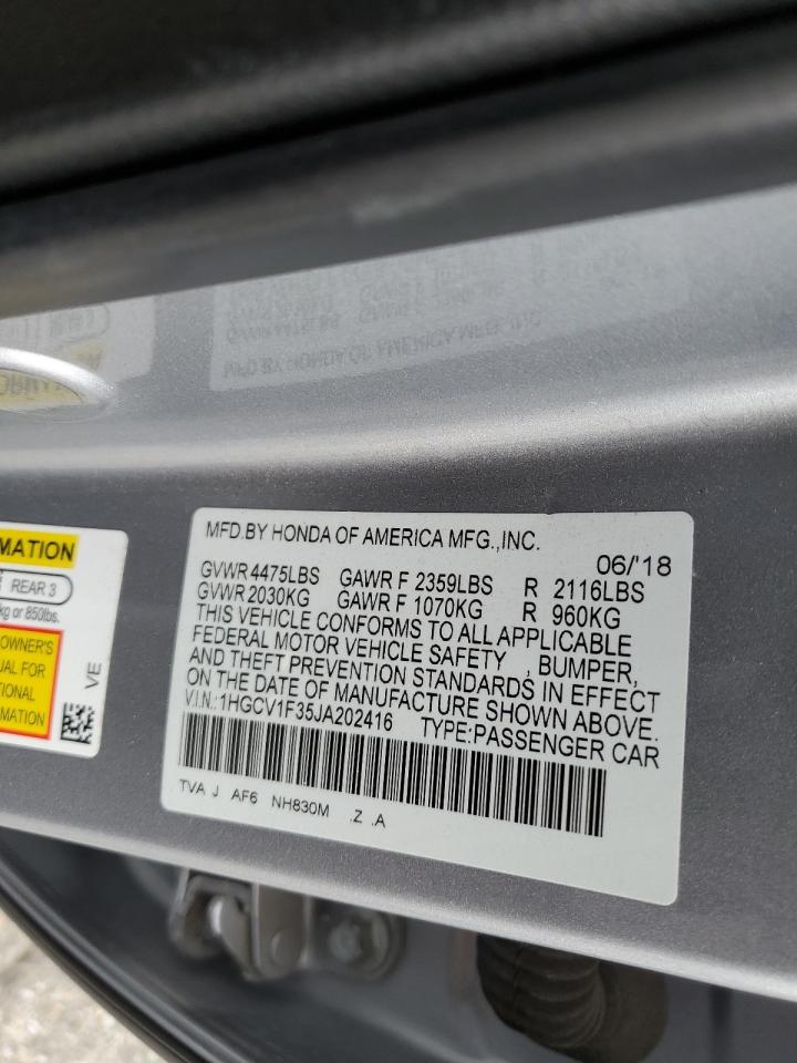 2018 Honda Accord VIN 1HGCV1F35JA202416 Copart auction photo, front end damage thumbnail 14