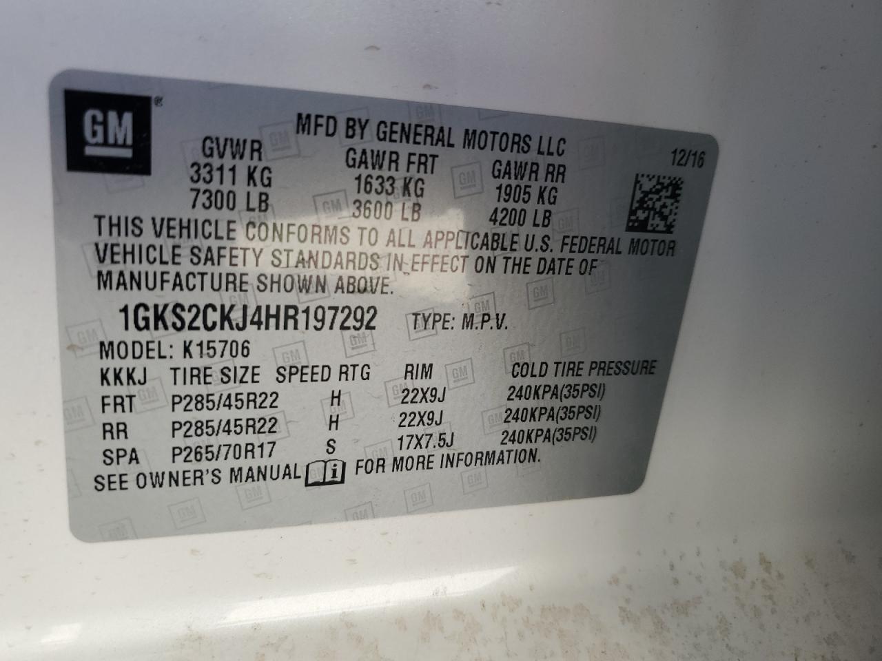 2017 GMC Yukon VIN 1GKS2CKJ4HR197292 Copart auction photo, hail damage thumbnail 13
