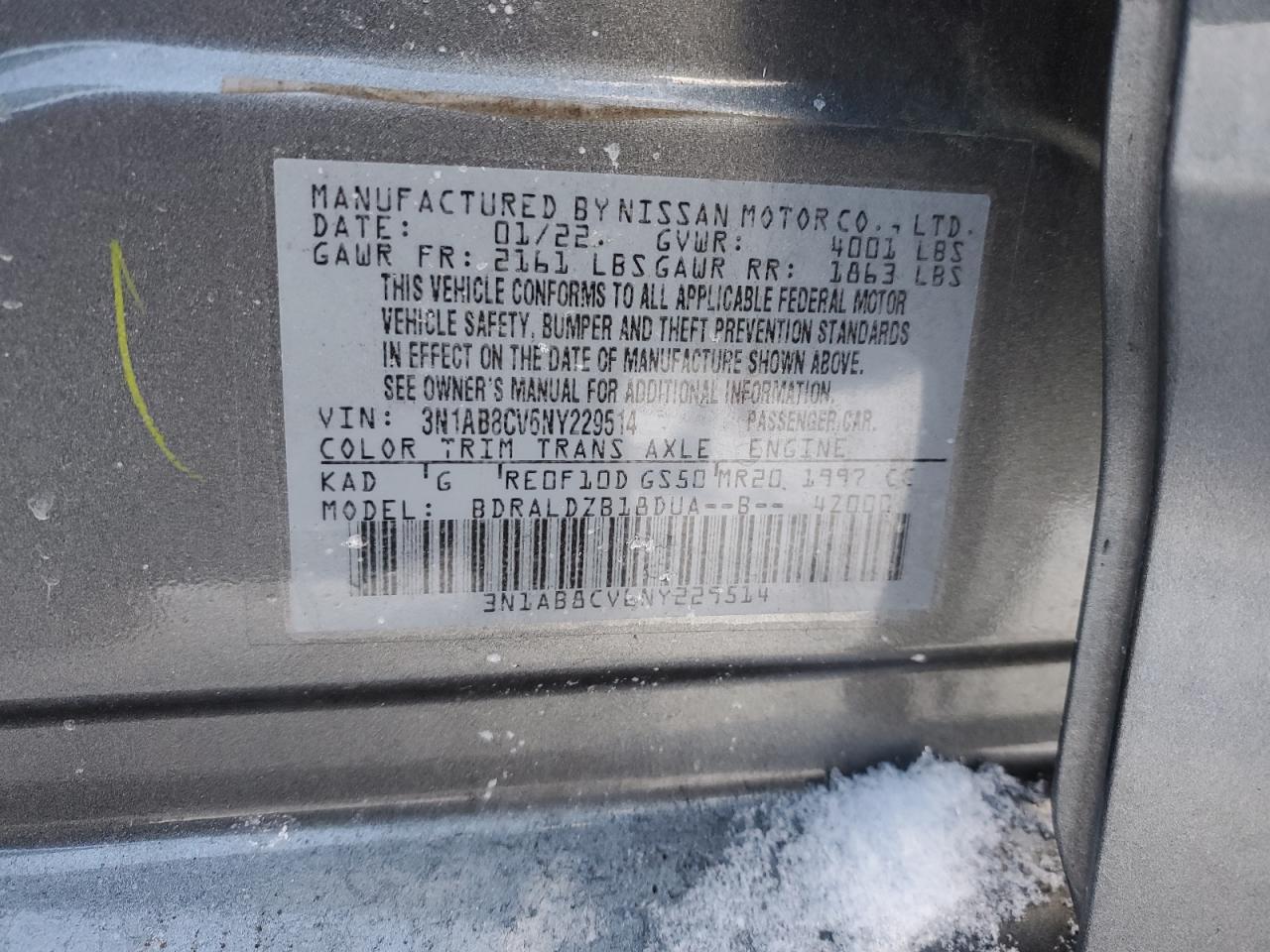 2022 Nissan Sentra VIN 3N1AB8CV6NY229514 Copart auction photo, front end / minor dent/scratches damage thumbnail 12