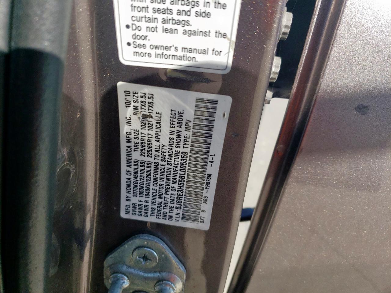 2011 Honda CR-V VIN 5J6RE3H55BL005359 Copart auction photo, front end damage thumbnail 13