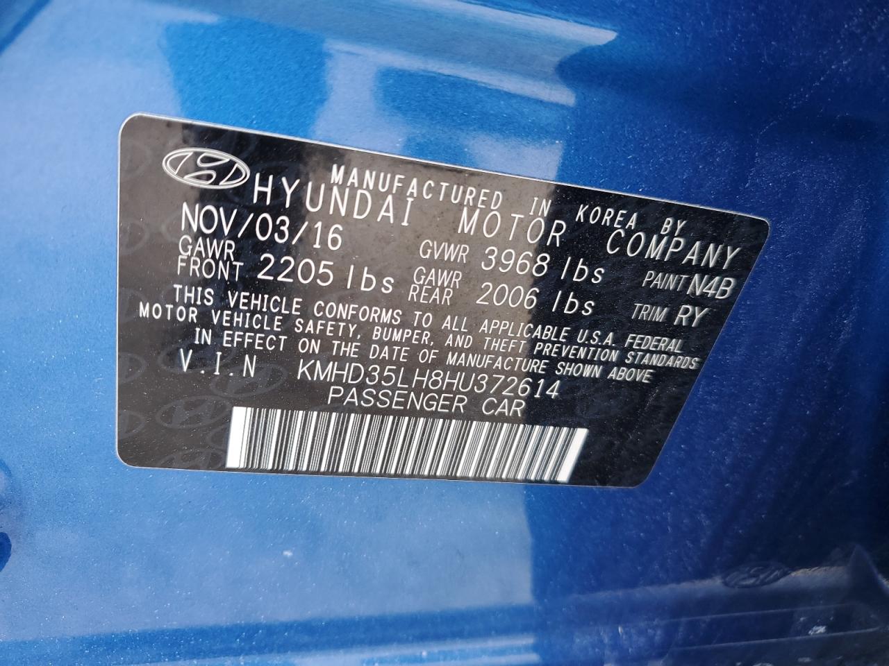 2017 Hyundai Elantra VIN KMHD35LH8HU372614 Copart auction photo, front end damage thumbnail 15