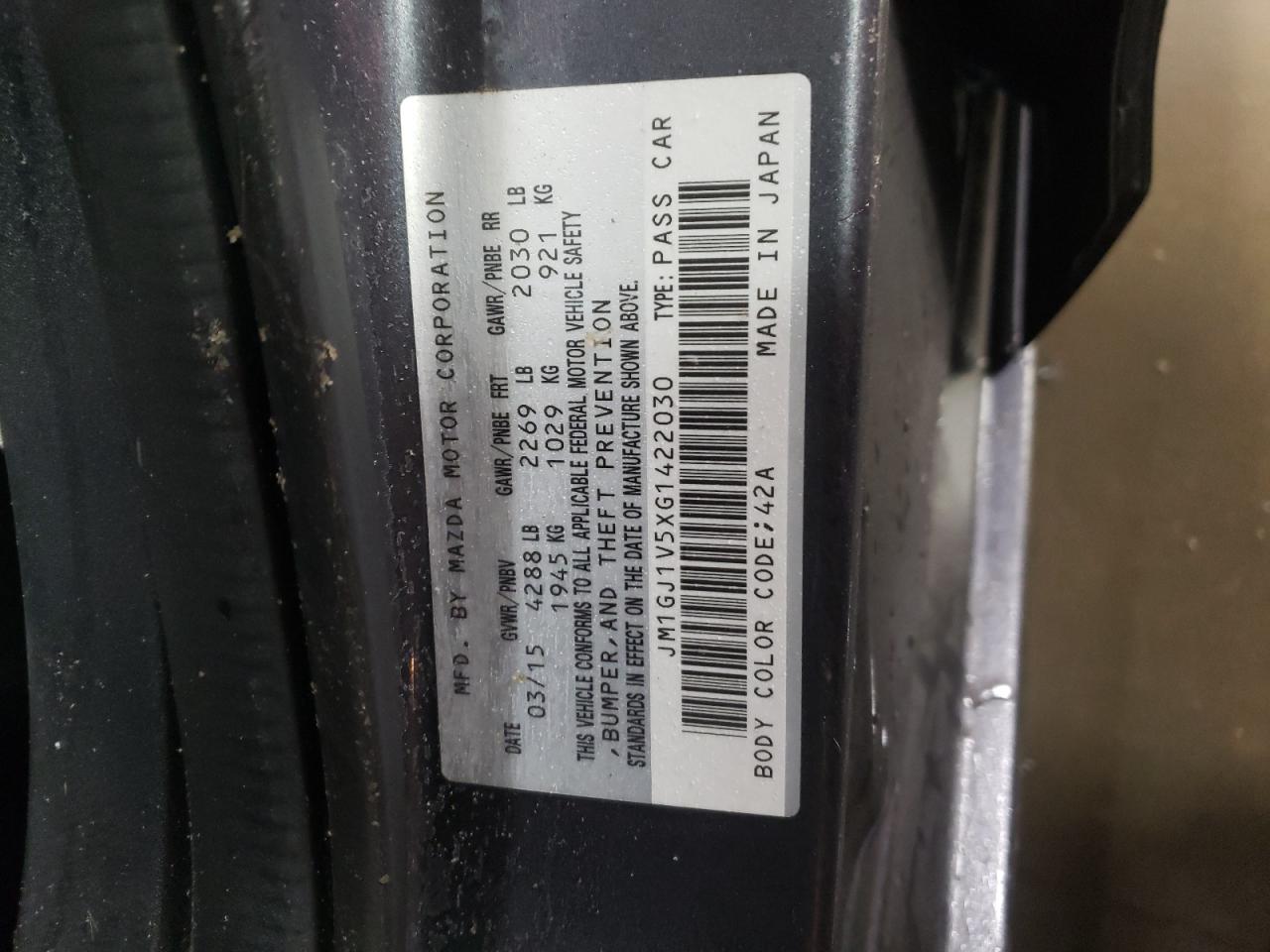 2016 Mazda 6 VIN JM1GJ1V5XG1422030 Copart auction photo, front end damage thumbnail 12
