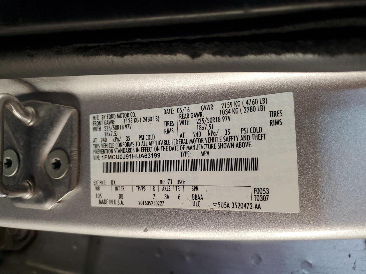 2017 Ford Escape VIN 1FMCU0J91HUA63199 Copart auction photo, front end damage thumbnail 15