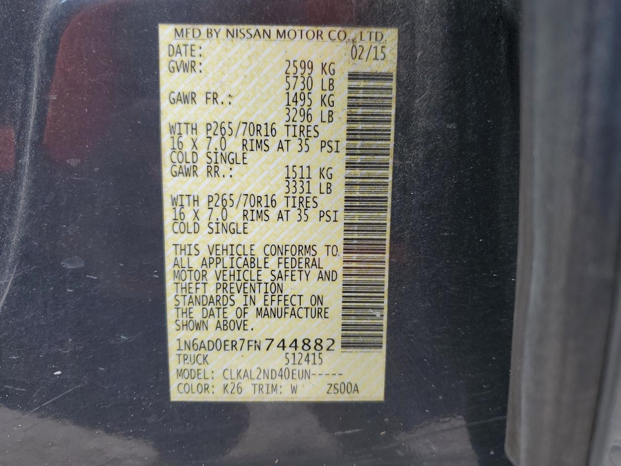 2015 Nissan Navara (Frontier) VIN 1N6AD0ER7FN744882 Copart auction photo, front end damage thumbnail 12