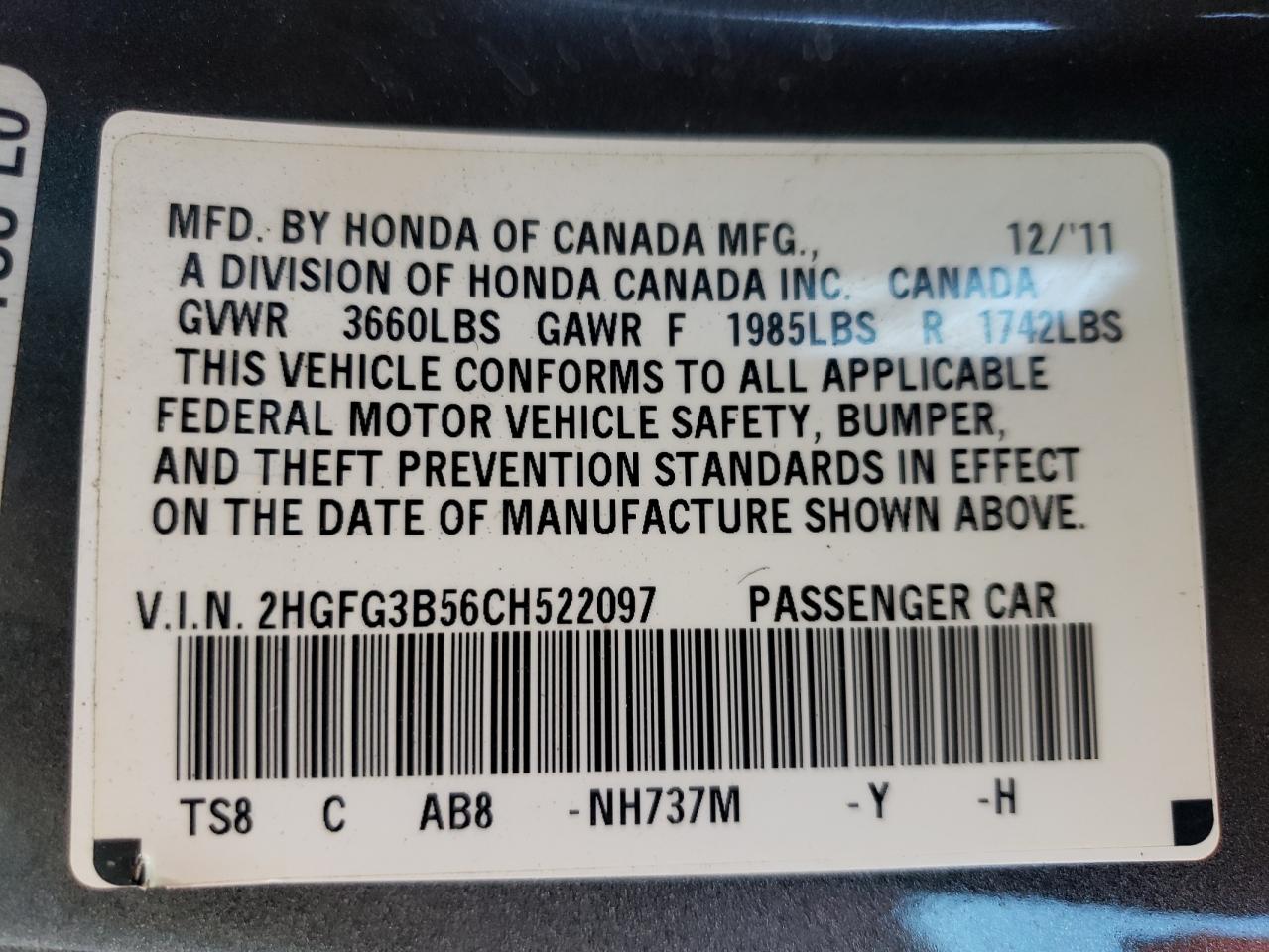 2012 Honda Civic VIN 2HGFG3B56CH522097 Copart auction photo, front end damage thumbnail 14
