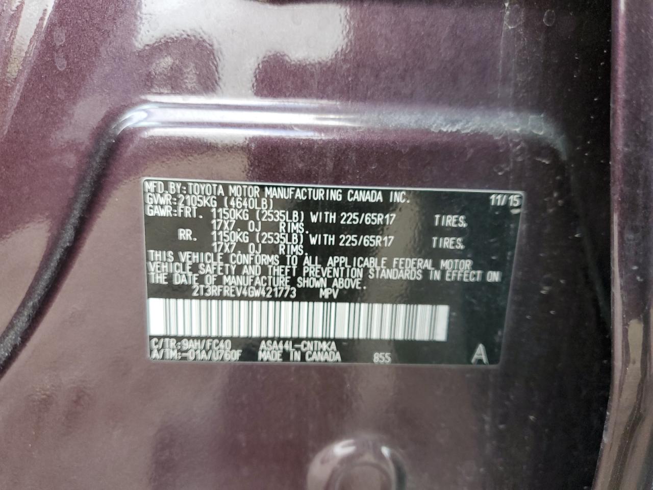 2016 Toyota RAV 4 VIN 2T3RFREV4GW421773 Copart auction photo, front end damage thumbnail 12