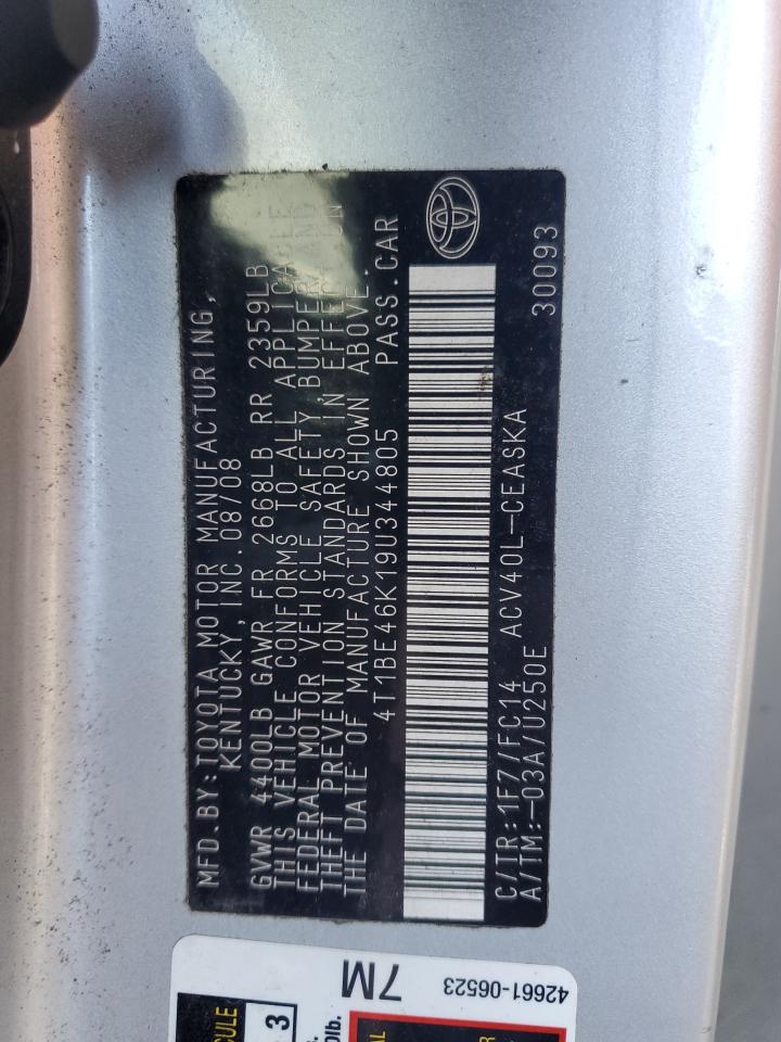 2009 Toyota Camry VIN 4T1BE46K19U344805 Copart auction photo, all over damage thumbnail 12