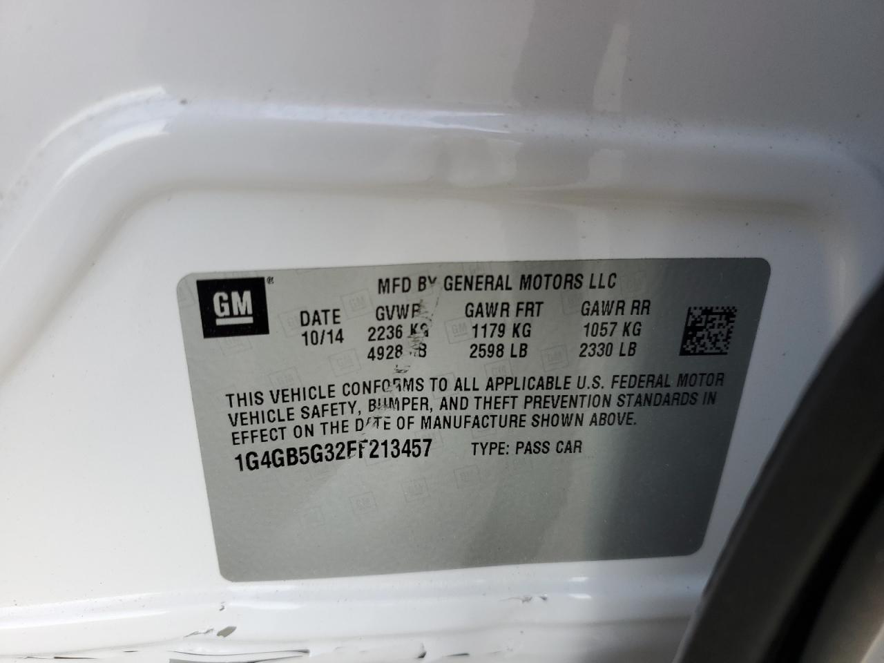 2015 Buick LaCrosse VIN 1G4GB5G32FF213457 Copart auction photo, side damage thumbnail 12