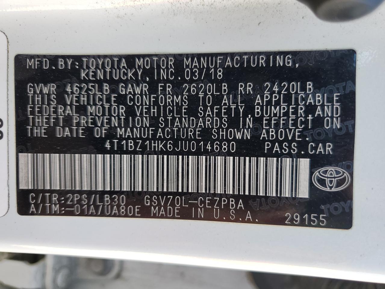 2018 Toyota Camry VIN 4T1BZ1HK6JU014680 Copart auction photo, front end / side damage thumbnail 13