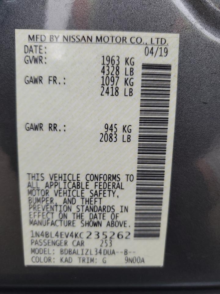 2019 Nissan Altima VIN 1N4BL4EV4KC235262 Copart auction photo, front end / side damage thumbnail 13