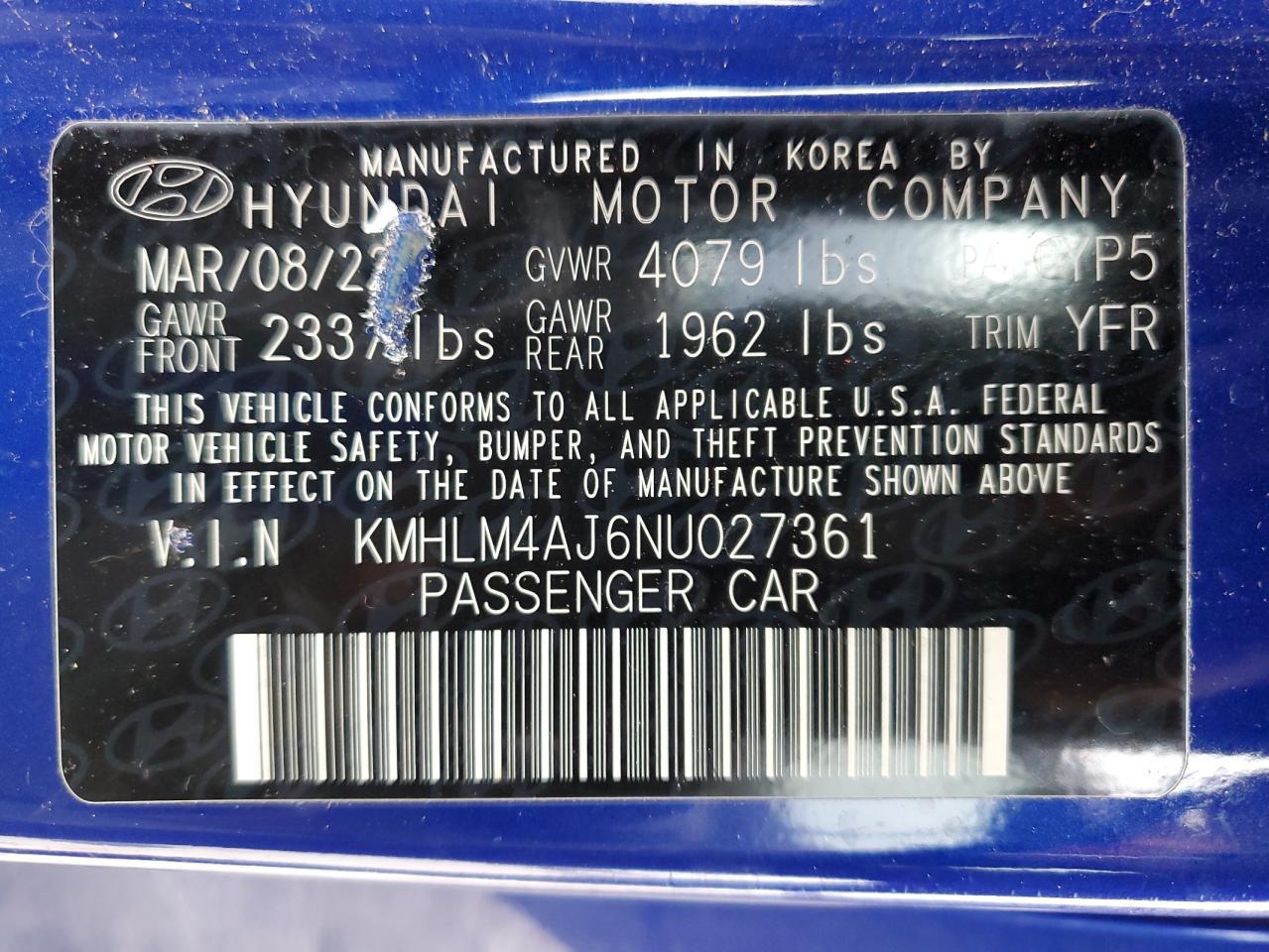 2022 Hyundai Elantra VIN KMHLM4AJ6NU027361 Copart auction photo, rear end damage thumbnail 14