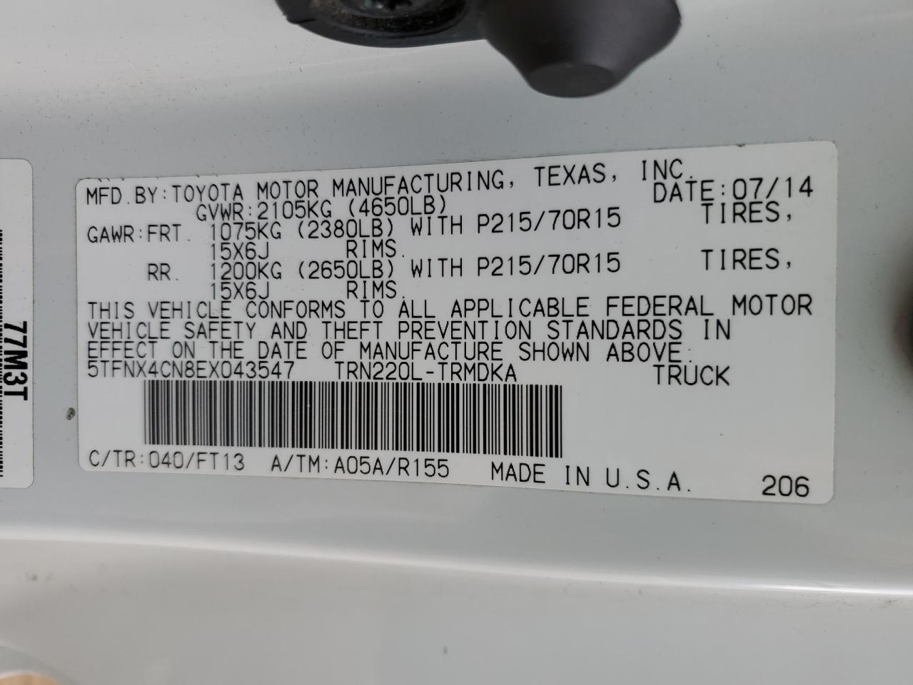 2014 Toyota Tacoma VIN 5TFNX4CN8EX043547 Copart auction photo, front end / side damage thumbnail 12