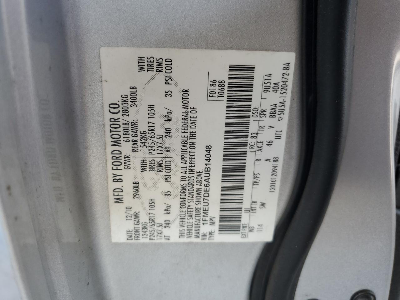 2010 Ford Explorer VIN 1FMEU7DE6AUB14048 Copart auction photo, front end damage thumbnail 13