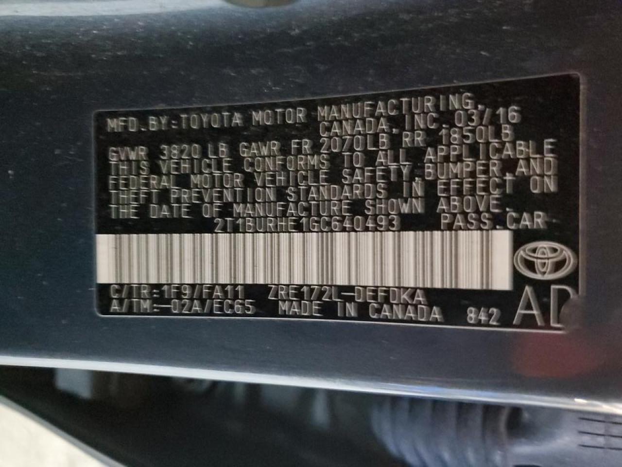 2016 Toyota Corolla VIN 2T1BURHE1GC640493 Copart auction photo, water/flood / top/roof damage thumbnail 12