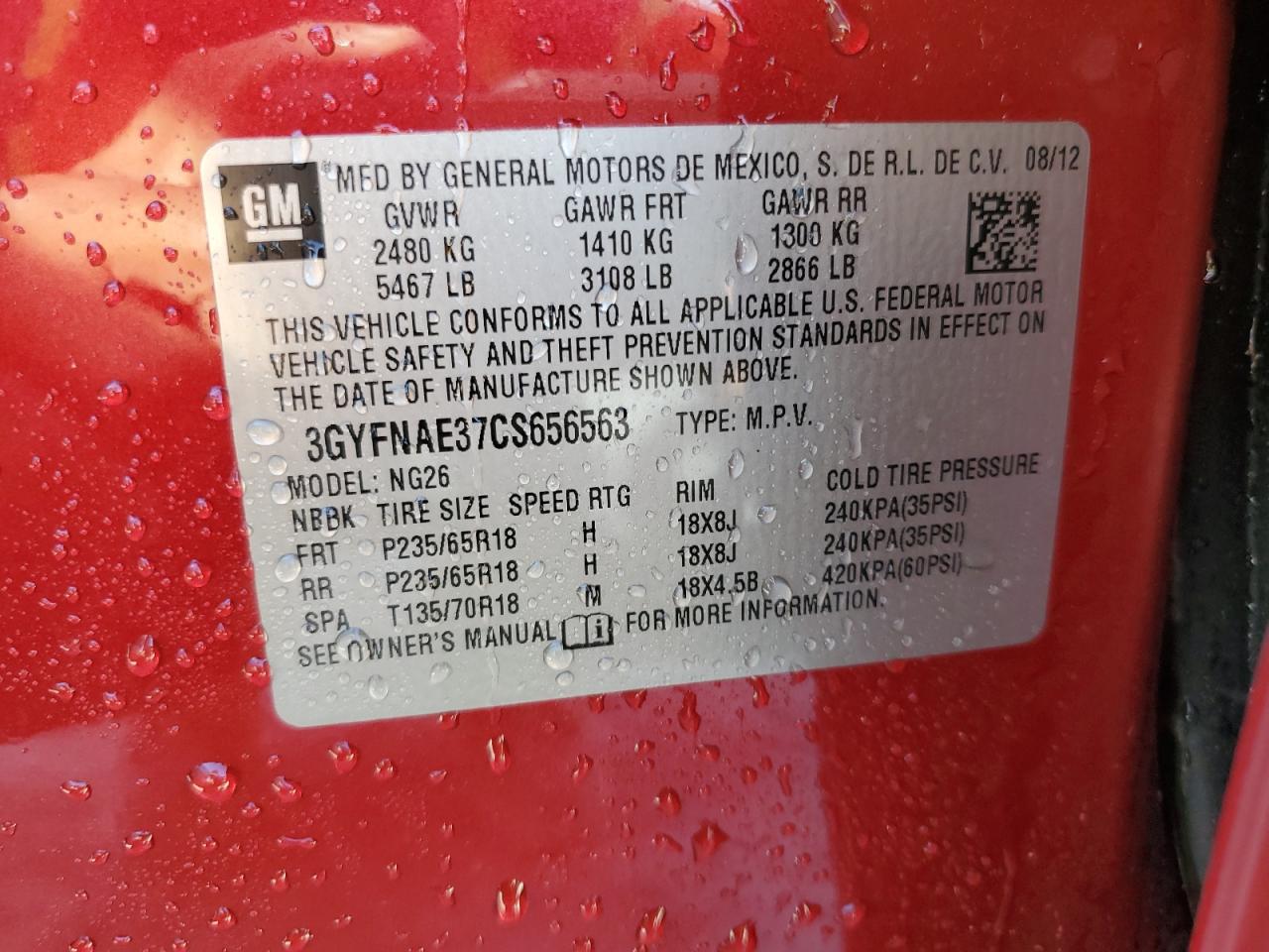 2012 Cadillac SRX VIN 3GYFNAE37CS656563 Copart auction photo, side damage thumbnail 13