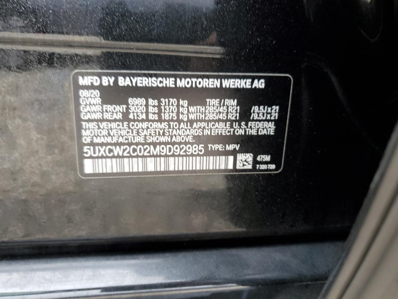 2021 BMW X7 VIN 5UXCW2C02M9D92985 Copart auction photo, front end damage thumbnail 15