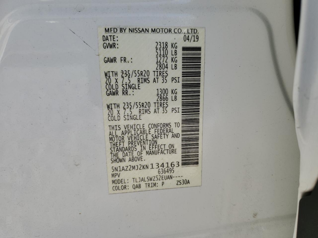2019 Nissan Murano VIN 5N1AZ2MJ2KN134163 Copart auction photo, front end damage thumbnail 13