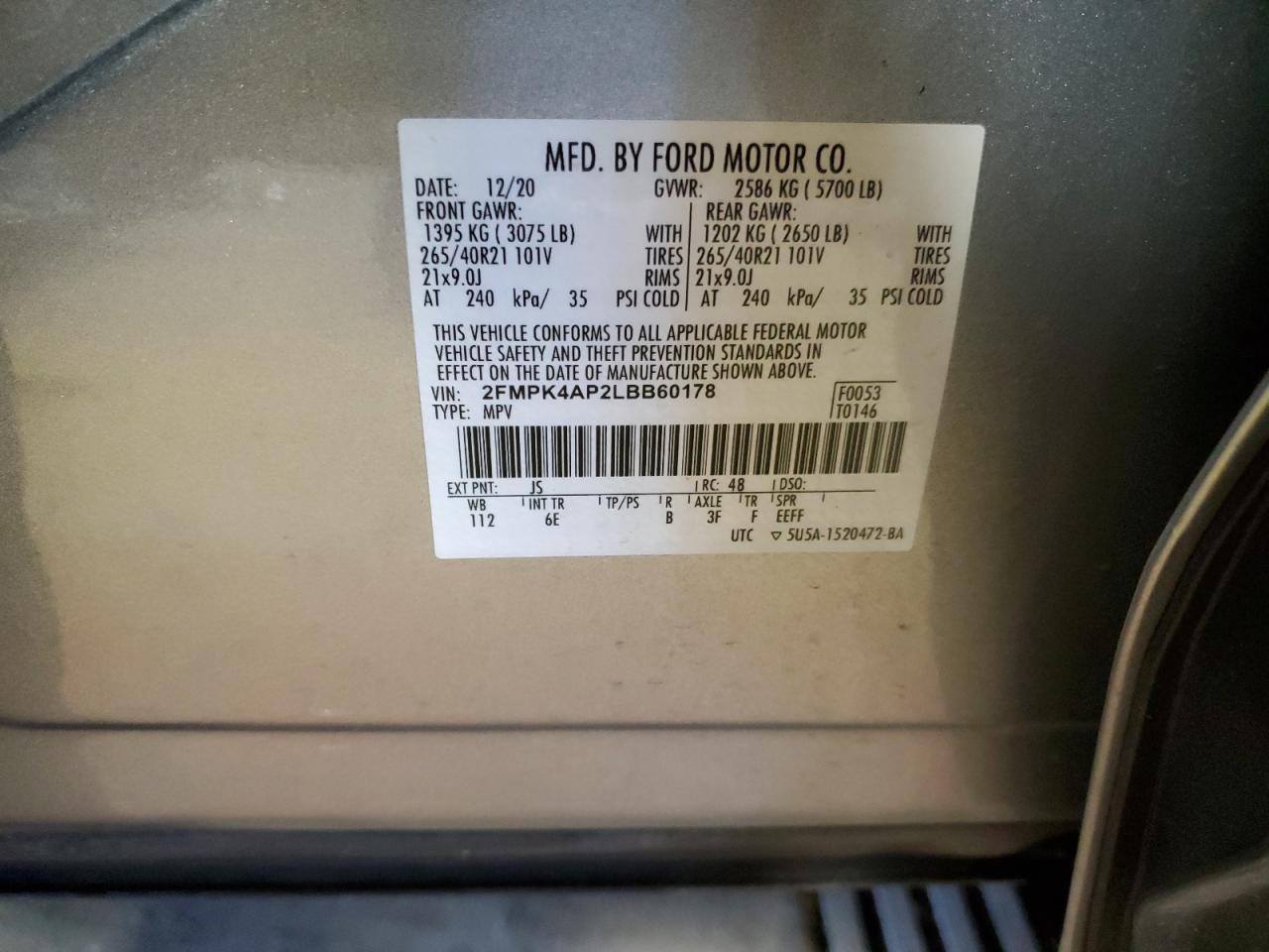 2020 Ford Edge VIN 2FMPK4AP2LBB60178 Copart auction photo, front end / mechanical damage thumbnail 13