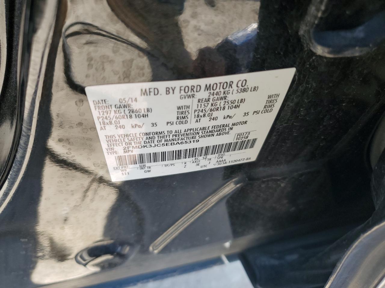 2014 Ford Edge VIN 2FMDK3JC5EBA65319 Copart auction photo, front end damage thumbnail 13
