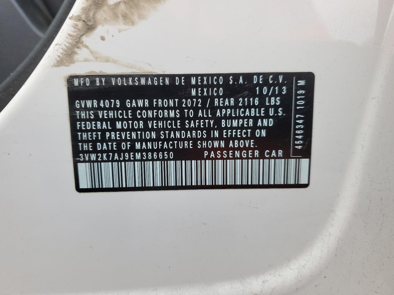 2014 Volkswagen Jetta VIN 3VW2K7AJ9EM386650 Copart auction photo, front end / side damage thumbnail 13