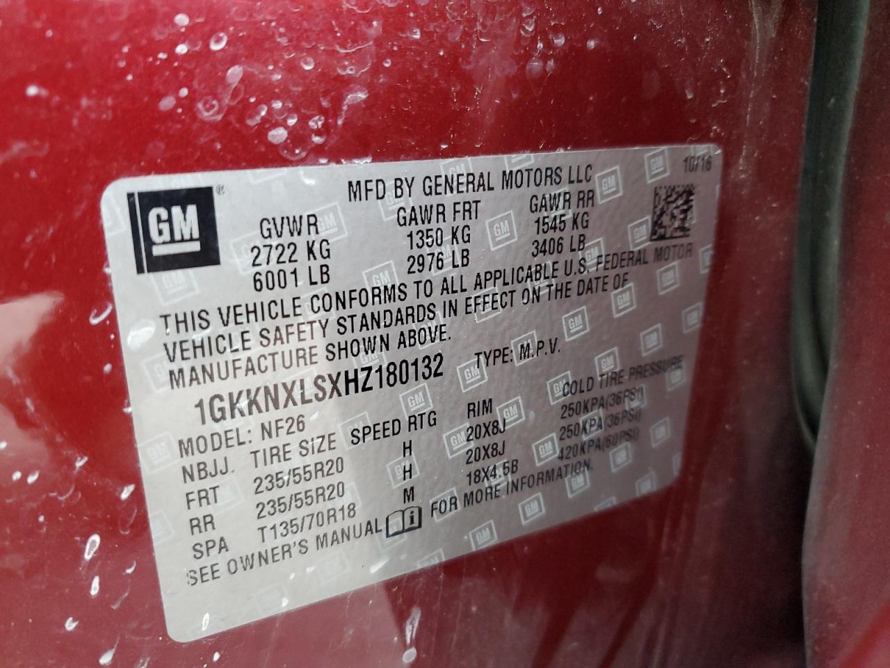2017 GMC Acadia VIN 1GKKNXLSXHZ180132 Copart auction photo, rear end damage thumbnail 13