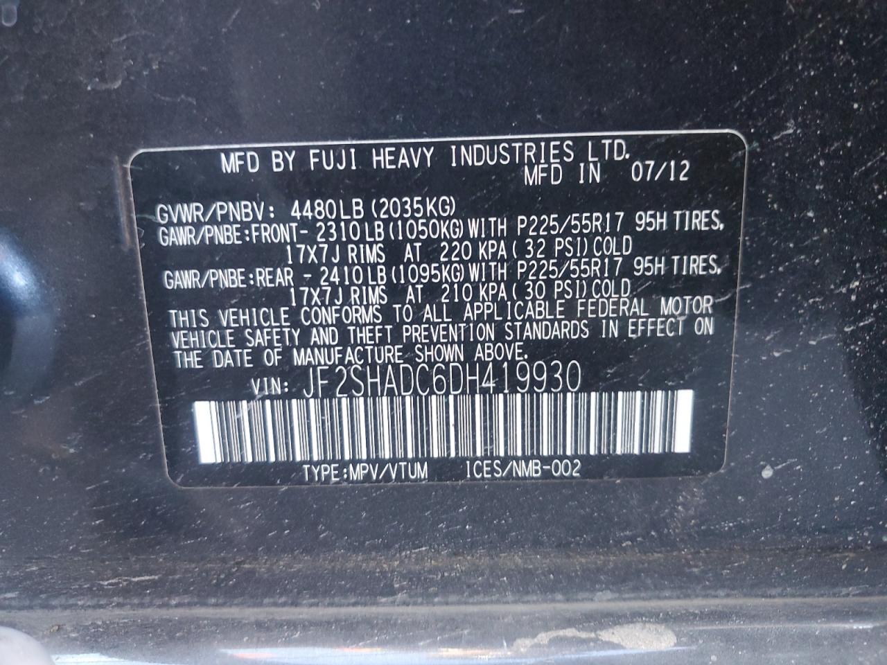 2013 Subaru Forester VIN JF2SHADC6DH419930 Copart auction photo, all over damage thumbnail 13