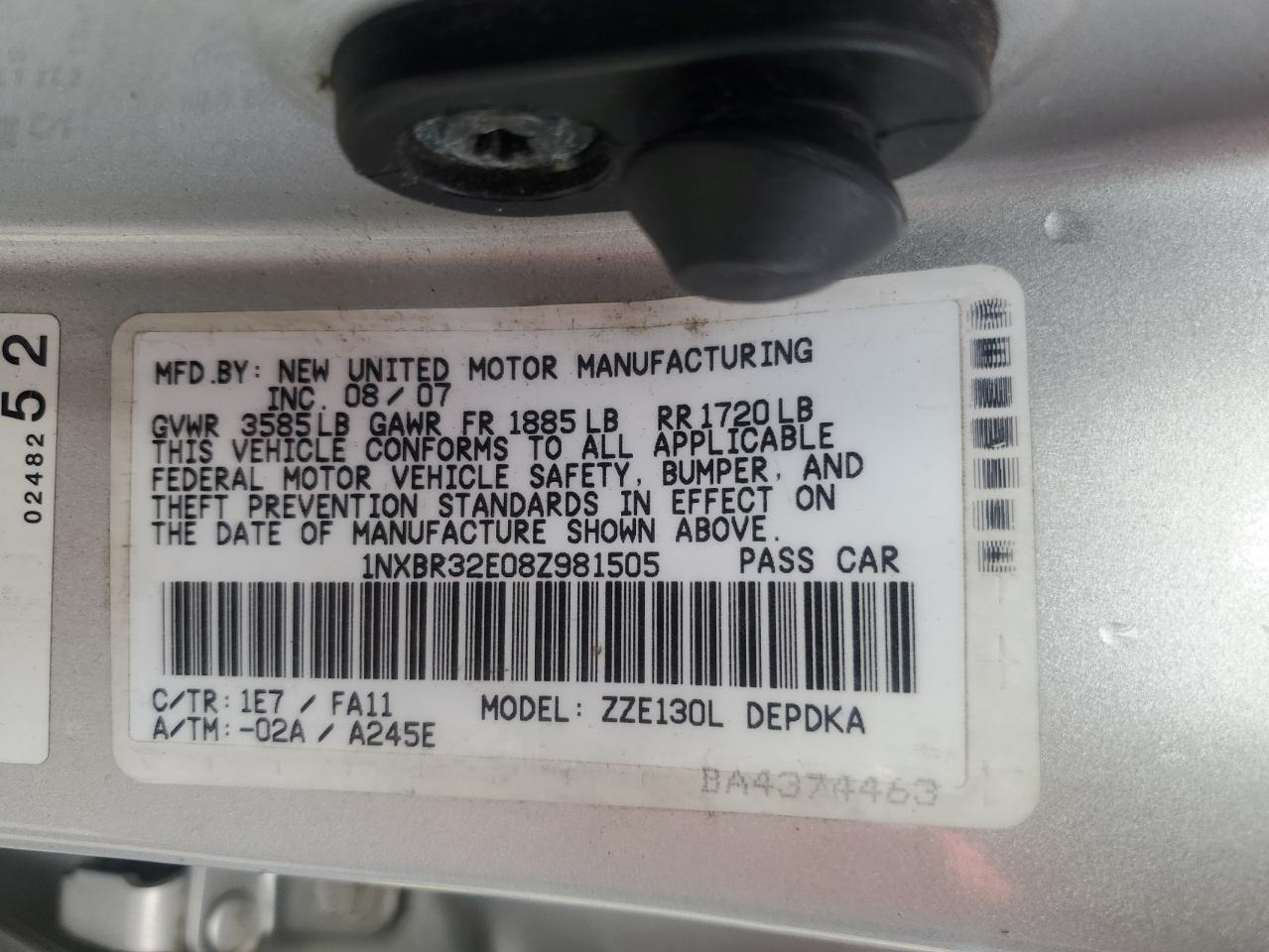 2008 Toyota Corolla VIN 1NXBR32E08Z981505 Copart auction photo, rear end damage thumbnail 12