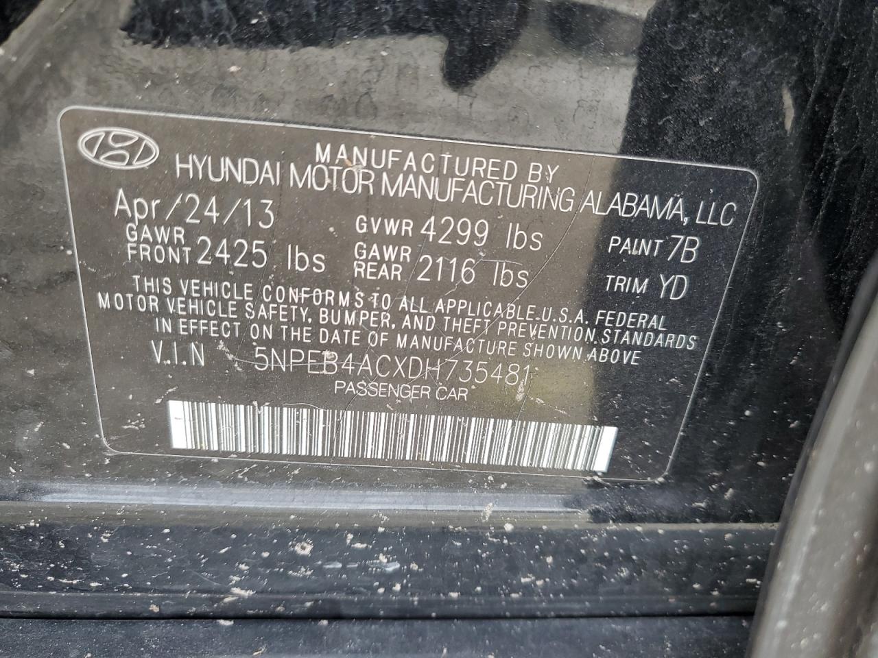 2013 Hyundai Sonata VIN 5NPEB4ACXDH735481 Copart auction photo, rear end damage thumbnail 12