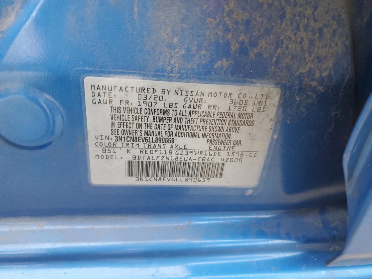 2020 Nissan Versa VIN 3N1CN8EV6LL890659 Copart auction photo, rear end damage thumbnail 12