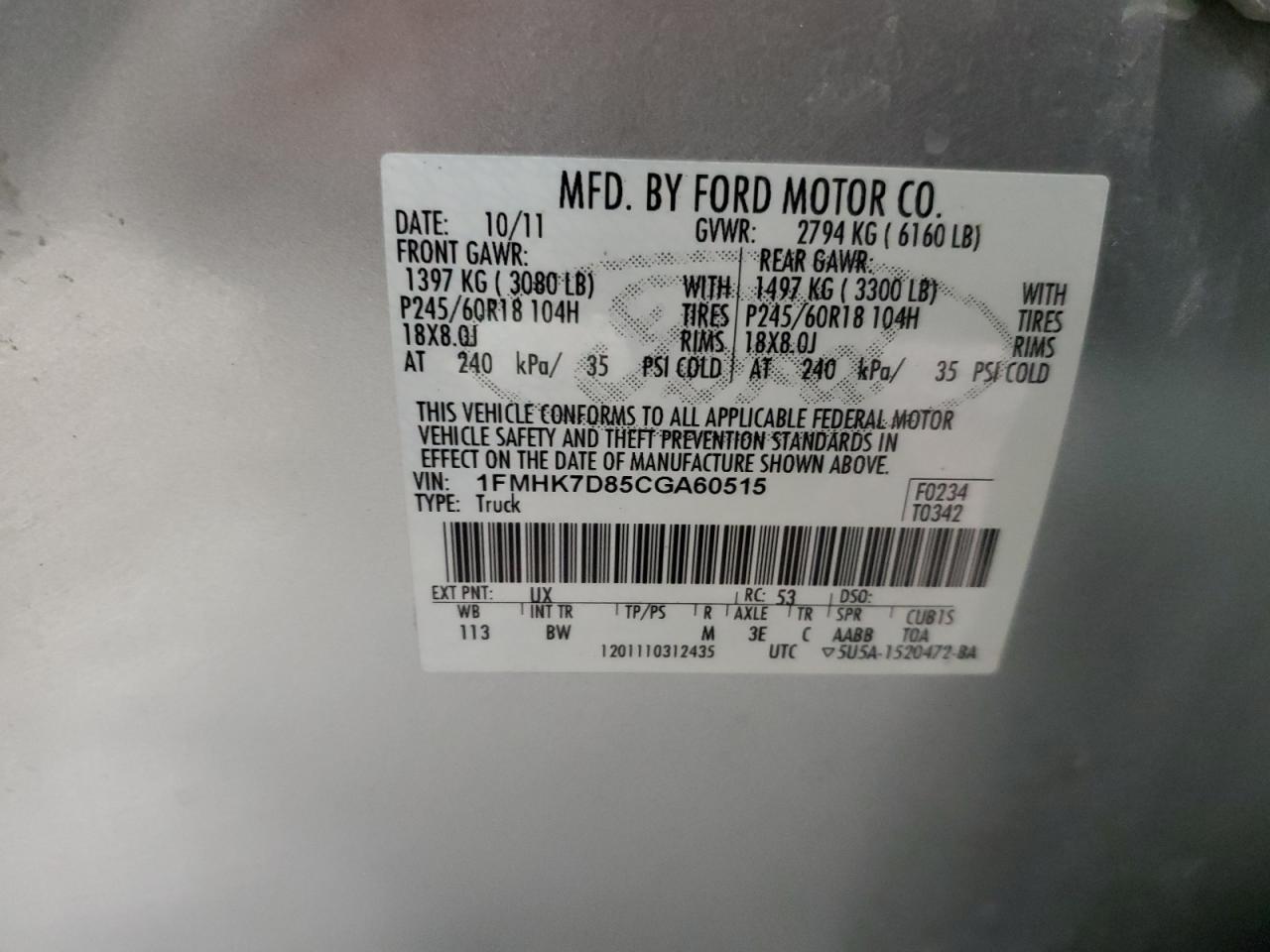 2012 Ford Explorer VIN 1FMHK7D85CGA60515 Copart auction photo, front end / side damage thumbnail 13