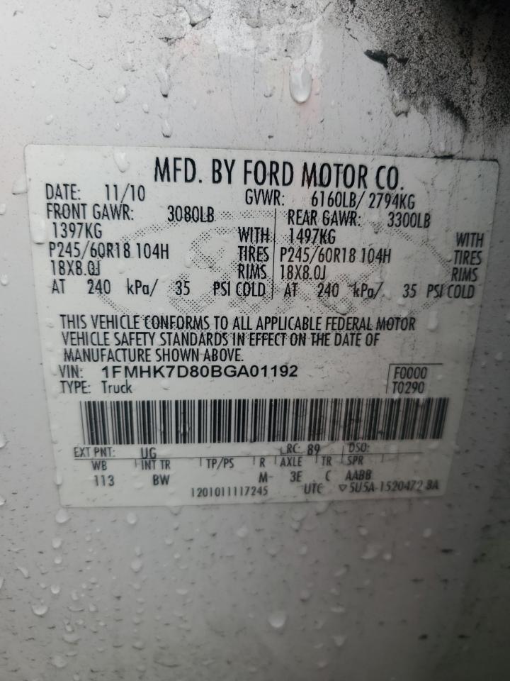 2011 Ford Explorer VIN 1FMHK7D80BGA01192 Copart auction photo, all over damage thumbnail 13