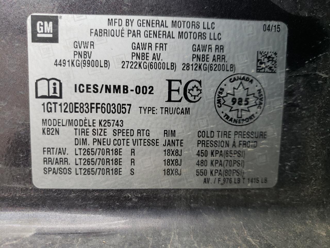 2015 GMC Sierra VIN 1GT120E83FF603057 Copart auction photo, front end / rear end damage thumbnail 14