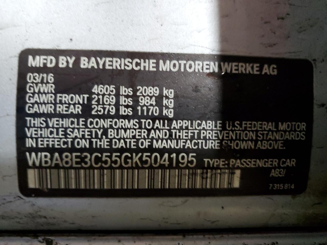 2016 BMW 3er VIN WBA8E3C55GK504195 Copart auction photo, front end / side damage thumbnail 14