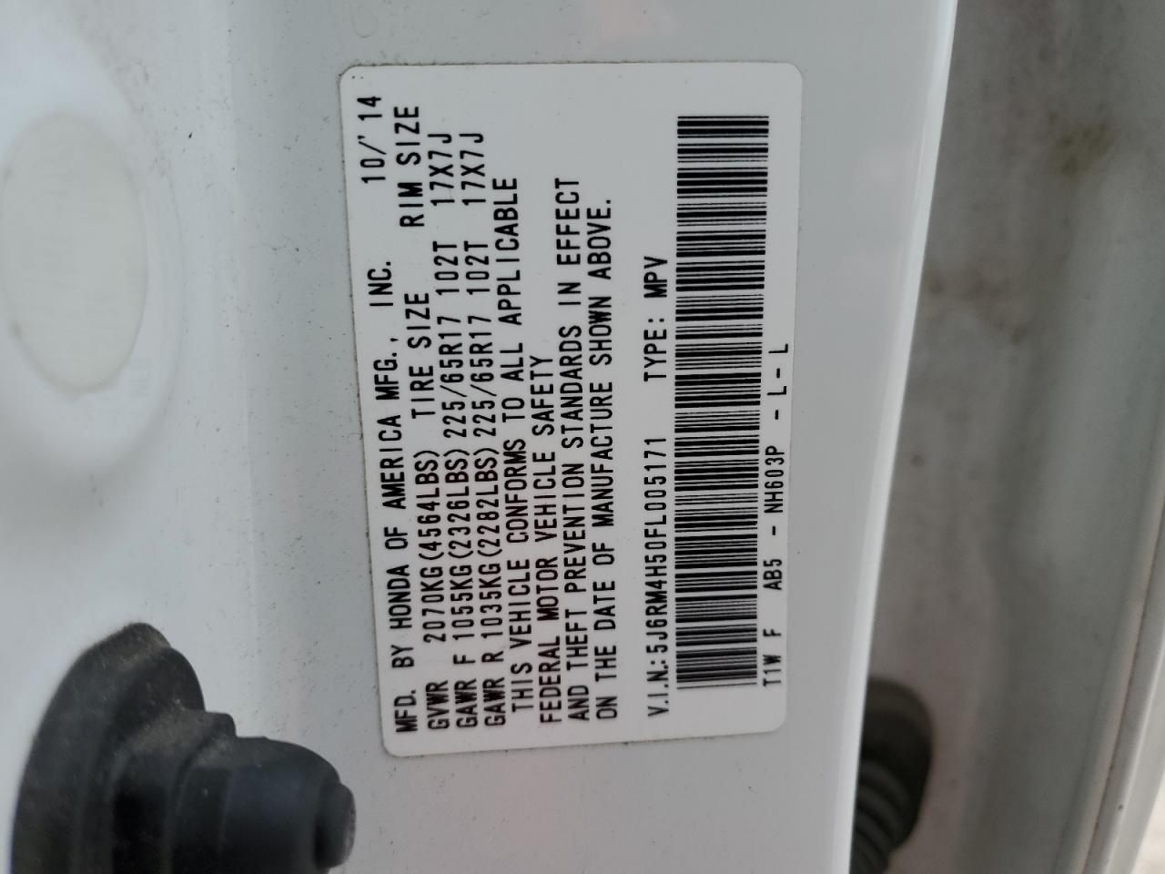 2015 Honda CR-V VIN 5J6RM4H50FL005171 Copart auction photo, front end / rear end damage thumbnail 14