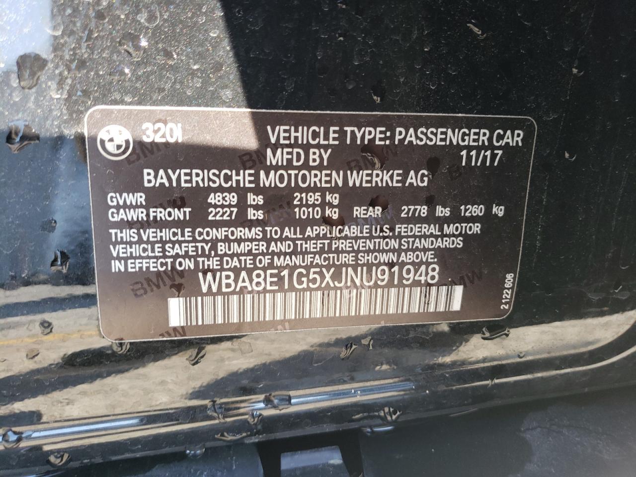 2018 BMW 3er VIN WBA8E1G5XJNU91948 Copart auction photo, front end damage thumbnail 13